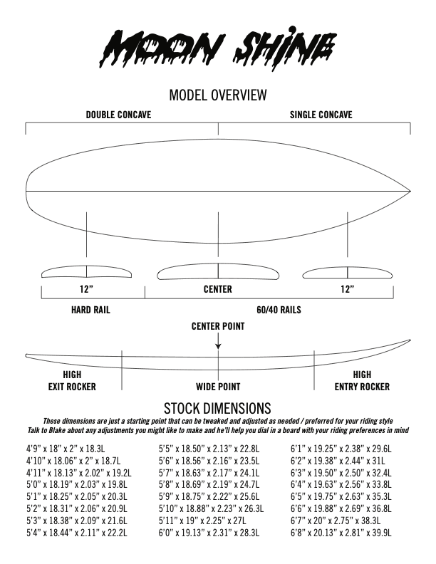 Moon Shine contour diagram — rocker profile, rail shapes, fin positions.